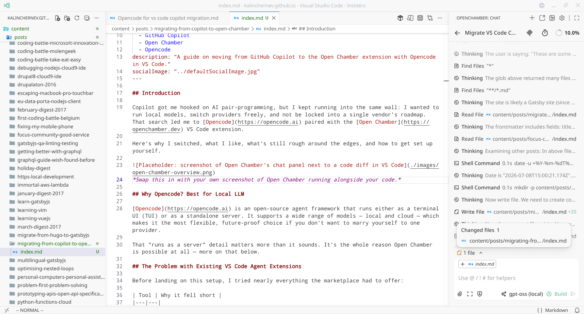 screenshot of Open Chamber's chat panel next to a code diff in VS Code